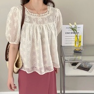 HCMC EXPRESS Cream yellow babydoll shirt with embroidered square neck lace AK98