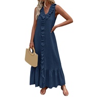 Women Cotton Linen Ruffle Dress Casual Sleeveless V-Neck Tunic Tank Dress Summer Beach Swing Shift L