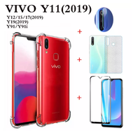 (4in1)For VIVO Y11 phone case VIVO Y19(2019) VIVO Y17 Y12 Y15 Y30 Y50 Full Screen Cover Screen Tempered Glass Film + Camera Lens Film + Carbon Fiber Back Film+Four corners anti-drop transparent mobile phone case