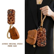 Retro brown leopard print elephant coin purse suitable for Apple 15promax mobile phone case Apple 13/12promax new iphone11 strap rope i14 soft 15pro hand rope 【SEY】