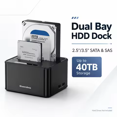 Blueendless Dual Bay Hard Drive Docking Station 2.5 3.5 Inch SATA SAS HDD SSD Dock USB 3.2 5Gbps 40T