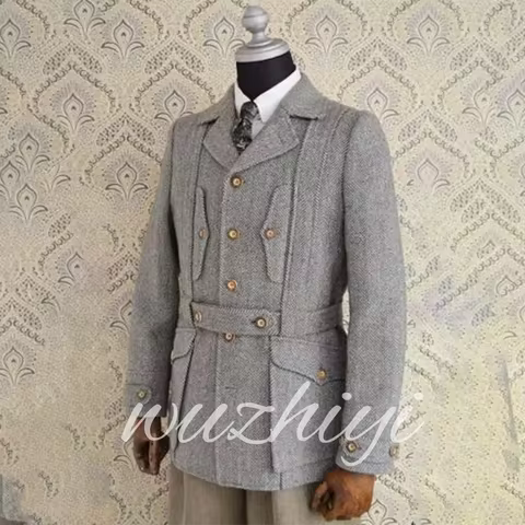 Formal Tweed Men's Safari Jacket with Belt 2 Piece Sets Slim Fit Gray Herringbone Outdoor Warm Hunti
