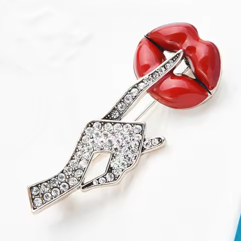 Wuli&baby Crystal Women Hand Gesture Red Enamel Lip Brooch Pin Jewelry Gift