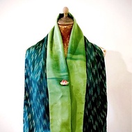 純手作/日本古董撞色綠色絲質古典花草風景紋樣織花漸層圍巾披肩