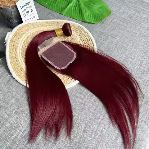 Cheap Burgundy 99J Human Hair Bundles with 4x4 Closure 12A Straight Bundles Human Hair Weft With Clo