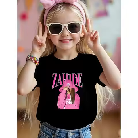 2026 Sweet & Cool Girl ZAHIDE | Black & Pink Contrast Kids' Short Sleeve T-Shirt