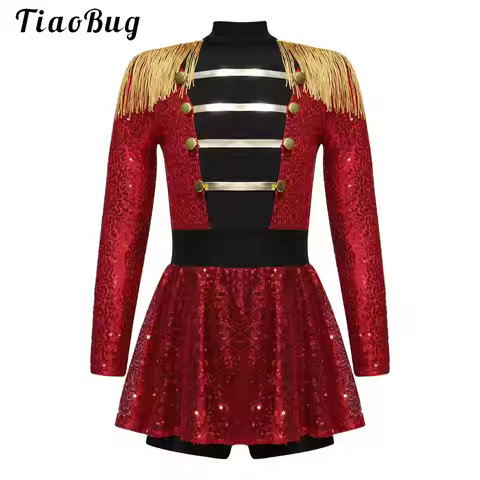 Kids Girls Halloween Circus Ringmaster Party Performance Costume Sequin Jumpsuit Showman Ringmaster 