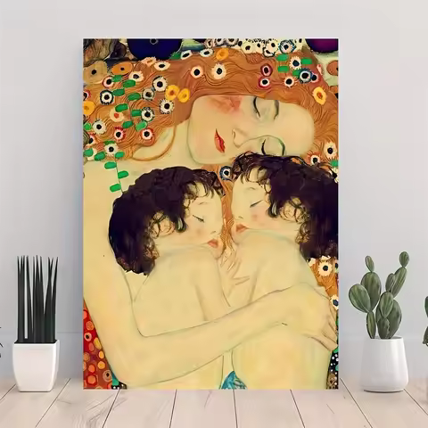 1pc Famous Posters and Print, Mother Love Twins Baby By Gustav Klimt Canvas Painting, Wall Art Pictu