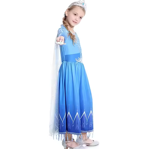 Frozen Elsa Princess Long Dress Sequin Mesh Elsa Costume Girl Snow Queen Costume Party Dress Hallowe
