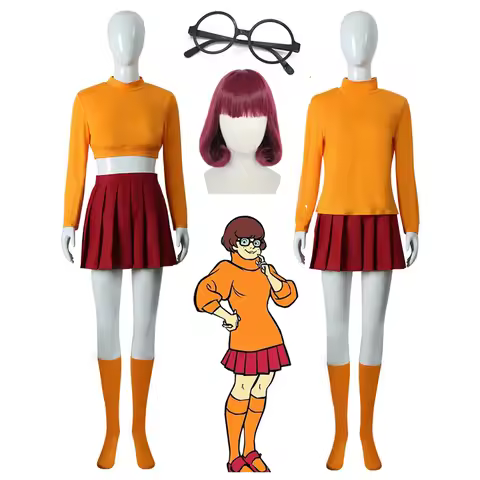 Velma Cosplay Uniform Anime Woman Orange Top Skirt Socks Glasses Halloween Costume Set Girls Velma W