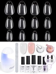 Aillsa Almond Nail Tips Gel Glue Kit: 240pcs Tips, Top Coat, Dehydrator, Nail Files & UV/LED Lamp fo