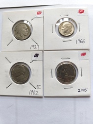 美國硬幣：USA-1927-5仙、1966-1仙、1982-5仙、2005-5仙共4個.