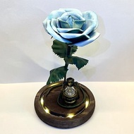 【客製化禮物】皮革玫瑰花 | 藍色擦臘皮 | 玻璃瓶連發光木底座