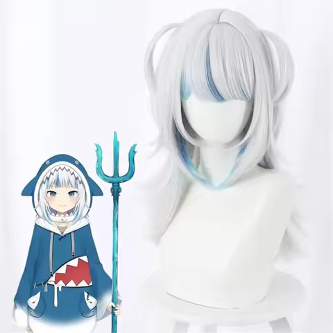 2026 Hololive EN Anime Gawr Gura Cosplay Wigs Blue Streak In Silver Hair With Bangs 2Ponytails Heat 