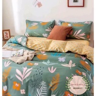 4in1 Single/Super Single Size Vintage Elegant Green Leaf Yellow Daisy Flower Bedsheet With Comforter Set