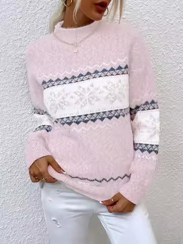 Women's Pink Fair Isle Knit Sweater Soft Fuzzy Mock Neck Pullover Casual Knitwear