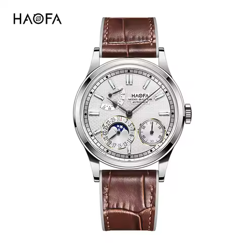 Haofa Automatic Mini-rotor Watches for Men Moon Phase Calendar Hour Dial Mechanical Wristwatch Sapph
