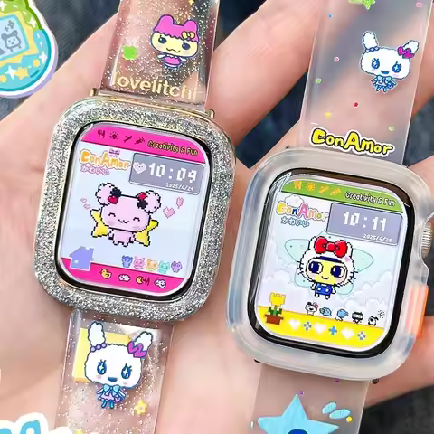 Tamagotchi Matte Sparkling Pink Strap Cute Transparent Iwatch Strap Case Suitable For Apple Watch De