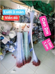 Lưới đánh cá lưới 3 màn viền chì dây đỏ chống rối cao 2m 15m 12m