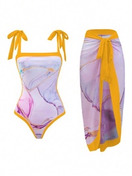 SHEIN Swim Traje de baño de una pieza para mujer con estampado, con tirantes anudados y borde con bloques de color, con cubierta de falda envolvente
