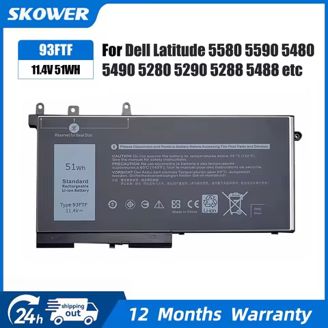 SKOWER 51Wh 93FTF Battery for Dell Latitude E5280 E5288 E5480 E5580 5490 5590 5491 5591 5495 5488 Pr