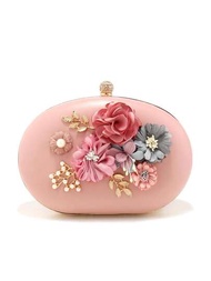 粉色花朵可愛女士晚宴包圓形PU時尚鑽石珍珠花朵閃光手提包金屬鏈肩背手拿包