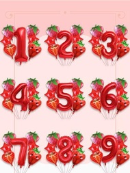 7入組/套草莓主題氣球包括紅色的數字小氣球,微笑草莓小氣球,星形水果裝飾用品適用於生日派對