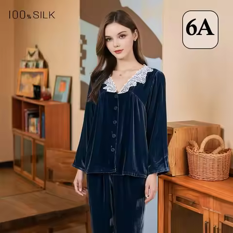 2026 Autumn Winter Women's New Silk Pajamas Set Mulberry Silk Velvet Long Sleeve Top Trousers Comfor