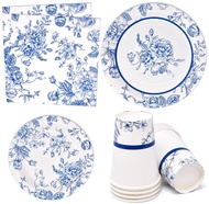 96 Pcs Floral Blue & White Party Supplies Paper Plate Cup Napkin for Flower Baby Shower Tea Spring S