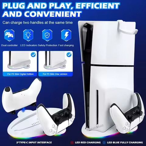 For PS5 Slim Stand Cooling Station With RGB LED Lighting And PS5 Slim Controller Quick Charger For P