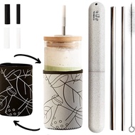 Teaboco S 20oz & 24oz Glass Reusable Boba Cup with Bamboo Lid and Straws; Iced Coffee Tumbler, Smoot