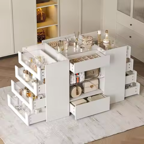 White Dresser Wardrobe Armoire Island Glass Display Shelf & 12 Drawers Walk-in Closet Bedroom Cloakr