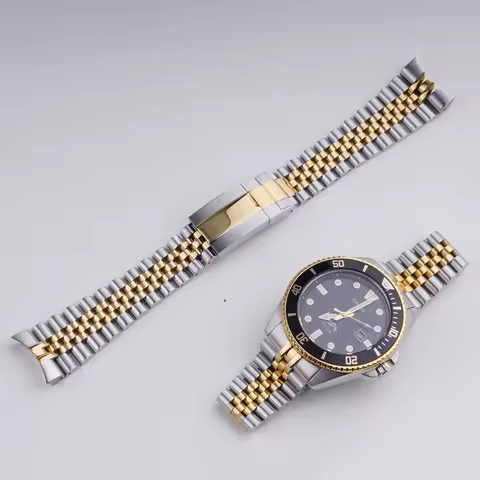 Rolamy 22mm Solid CurvedEnd Middle gold Stainless Steel Jubilee WatchBand Strap Luxury Bracelets For