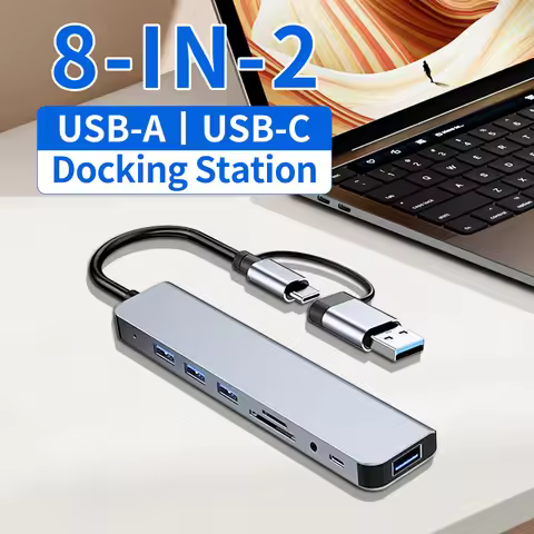 8-in-2 USB C Hub Type C USB 3.0 2.0 Extender Splitter Docking Station with TF/SD Card Reader 3.5mm A