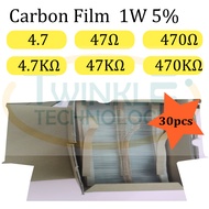 Resistor 1W 0.47 ohm, 4.7ohm, 47ohm, 470ohm, 4.7Kohm, 47Kohm, 470Kohm 1W 5% 30 Units / Pack