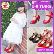 26-35 Princess Kids Girls Heels Shoes Kasut Raya Ballet Ribbon Leather Wedding Event Formal Shoes St