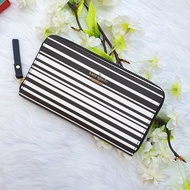 Kate Spade Spencer Zip Around Continental Wallet in Black / White Stripes Saffiano Leather - Ladies 