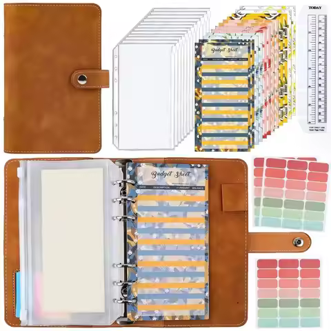 PU A6 Soft Budget Binder Planner 6 Hole Binder Pockets Colorful Notebook Binder Savings Money with 1