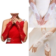 Women Bridal Long Gloves Fingerless Embroidery Lace Glitter Sequins Solid Color Elbow Length Mittens Hook Finger Wedding