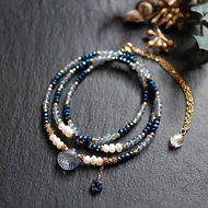 不鏽鋼玻璃珍珠三層調節式手鍊項鍊兩用鍊藍色