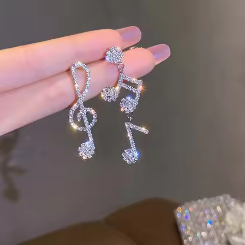 Bling Crystal Musical Notes Pendant Earrings for Women Fashion Party Anniversary Jewelry Accessories