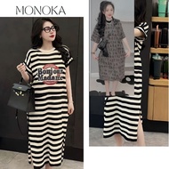 short sleeve collarless t-shirt dress with horizontal stripes with Bonjour letter pattern, long slit
