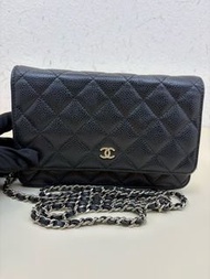 Chanel香奈兒 黑卡12開 黑銀WOC發財鏈條包 19cm