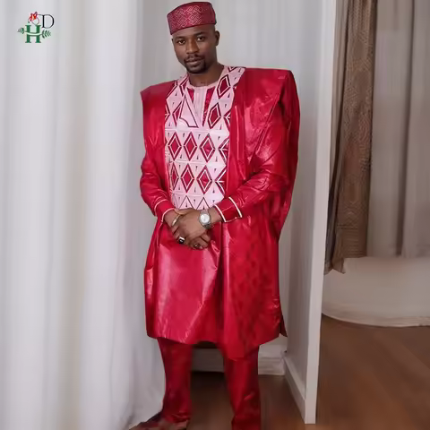 H&D African Clothing For Man Traditional Agbada Sets 3PCS Bazin Riche Embroidery Wedding Party Coupl