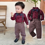 Baby Outfit for Boys Gentleman Suit Long Sleeve Dark Red Shirt Bow Straps  Pants Handsome Set Formal