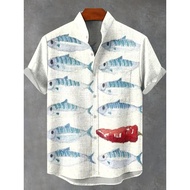 Men's retro deep-sea fish printed linen shirt with short sleeves, essential clothing for men's leisu
