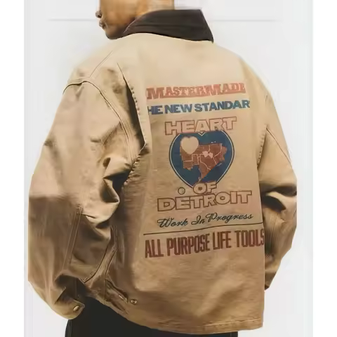 Retro Workwear Jaet Zipper Collar Heart Pattern Kaha Sle Men's Coat Long Sve Loose Fit Winter Season