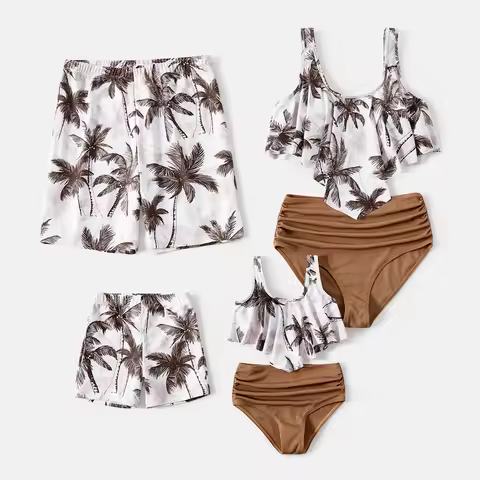 PatPat Family Matching Allover Coconut Tree Print Spliced Ruched One-piece Swimsuit and Swim Trunks