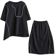 XITAO Asymmetrical Top Dress Sets Patchwork O-neck Pullover Elastic Waist Mid-calf Slimming Skirt 2