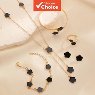 Black 4-leaf Clover Jewelry Set 5pcs Earrings Necklace Bracelet for Ring